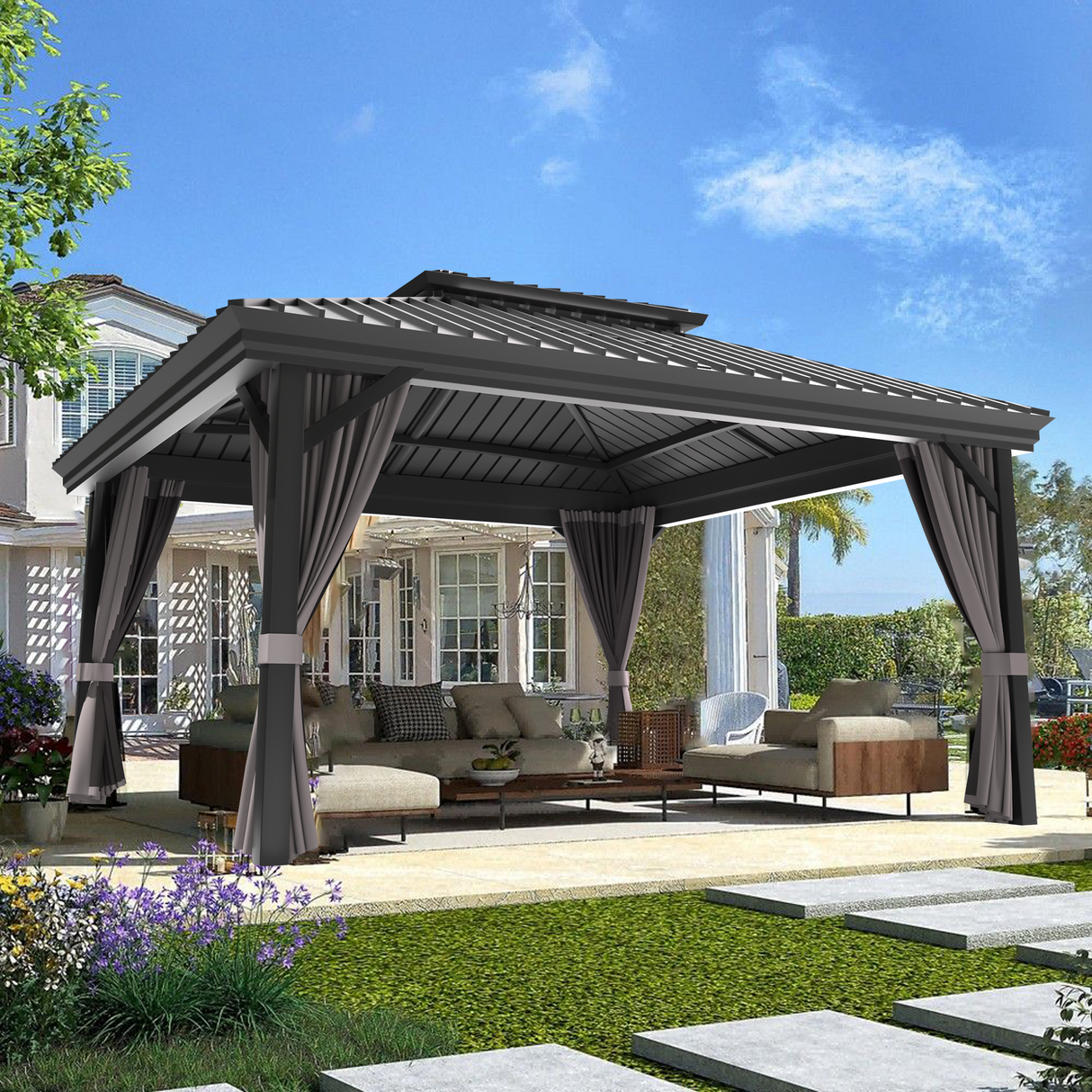 Patioslife 10x12 ft  Grey patio gazebo with curtains, lounge seating, and garden backyard shade.