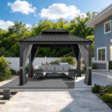 Patioslife Haven 10x12 ft Graphite Grey luxury hardtop gazebo with curtains, netting, drainage gutters, and backyard patio sofa set.