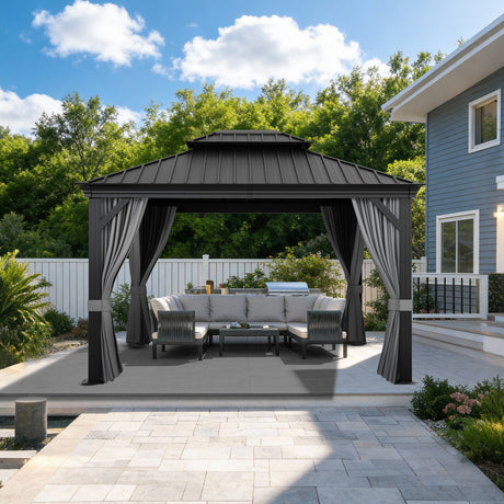 Patioslife Haven 10x12 ft Graphite Grey luxury hardtop gazebo with curtains, netting, drainage gutters, and backyard patio sofa set.