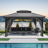 Patioslife 10x12 ft Graphite Grey hardtop gazebo with curtains, backyard seating, and poolside outdoor lounge area