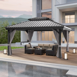 Patioslife 10x12 ft Grey hardtop gazebo with outdoor sofa set, poolside patio cover, and modern backyard design.