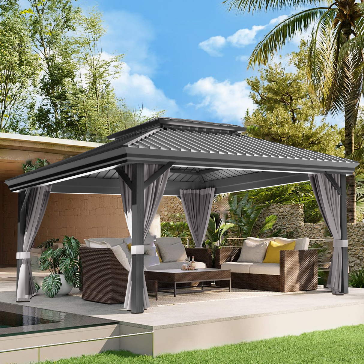 Patioslife 10x12 ft Graphite Grey metal roof gazebo with curtains and outdoor sofa seating for backyard patio shade.