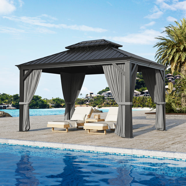 Patioslife 10x12 ft Graphite Grey hardtop gazebo with curtains, lounge chairs, and poolside patio shade for outdoor living.