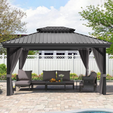 Patioslife 10x12 ft Grey gazebo with curtains and patio furniture for shaded outdoor living near the pool.