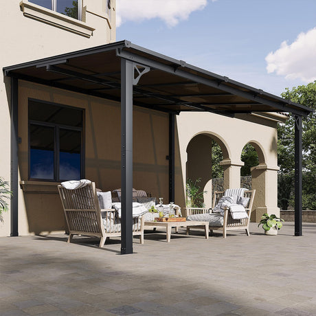 Patioslife 10x12 ft wall mounted patio pergola with dark frame, outdoor lounge furniture, and backyard garden setting