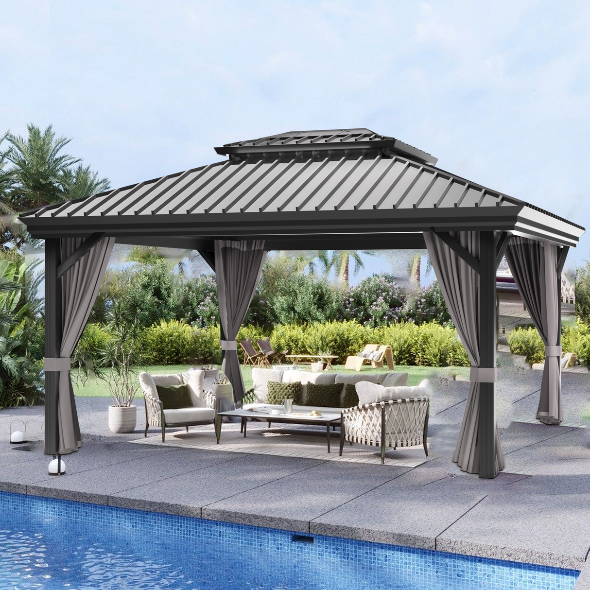 Patioslife 10x12 ft Grey hardtop gazebo with curtains, patio sofa set, and poolside backyard shade.