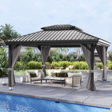 Patioslife 10x12 ft Grey hardtop gazebo with curtains, patio sofa set, and poolside backyard shade.