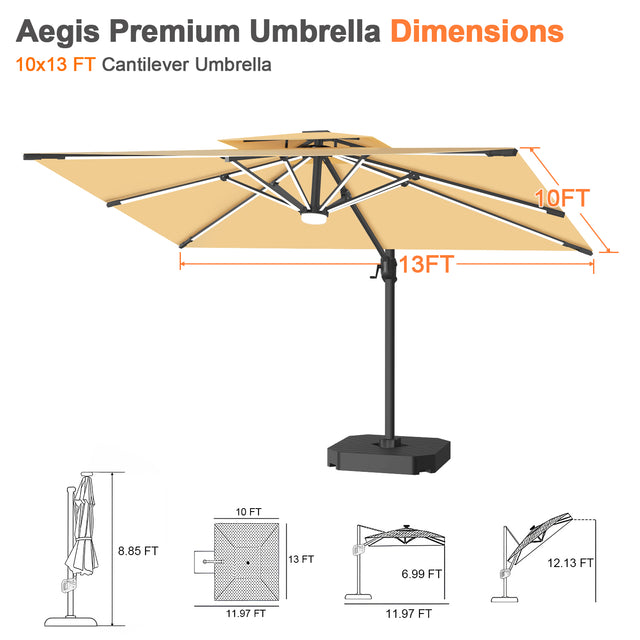 Patioslife 10x13 ft beige cantilever umbrella dimensions with LED lights and large patio shade coverage