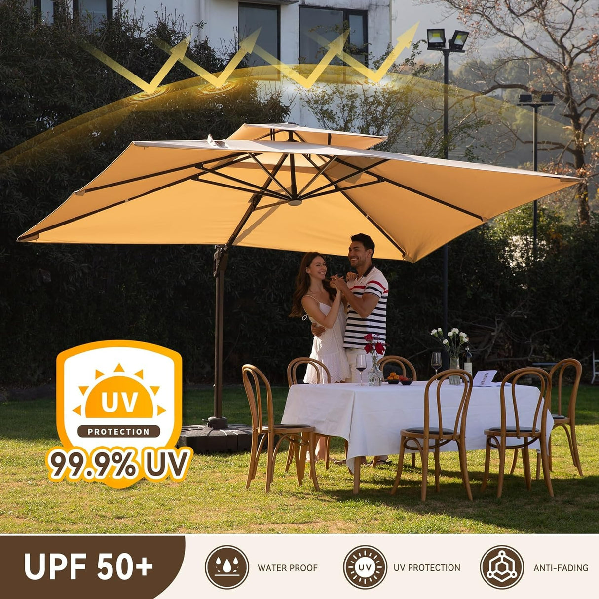 Patioslife Aegis Pro™ Premium Heavy-Duty Cantilever Umbrella with LED Strip Lights & Cover – 360° Rotation, Double-Top, Wind-Resistant for Outdoor Living