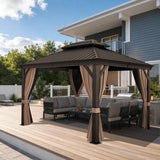 Patioslife Haven 10x14 ft Espresso Brown luxury hardtop gazebo with reinforced aluminum posts, curtains, netting, and backyard deck sofa seating.