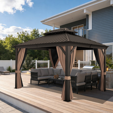 Patioslife Haven 10x14 ft Espresso Brown luxury hardtop gazebo with reinforced aluminum posts, curtains, netting, and backyard deck sofa seating.