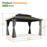Patioslife 10x14 ft hardtop gazebo dimension chart with metal roof, curtains, and patio shade structure measurements.