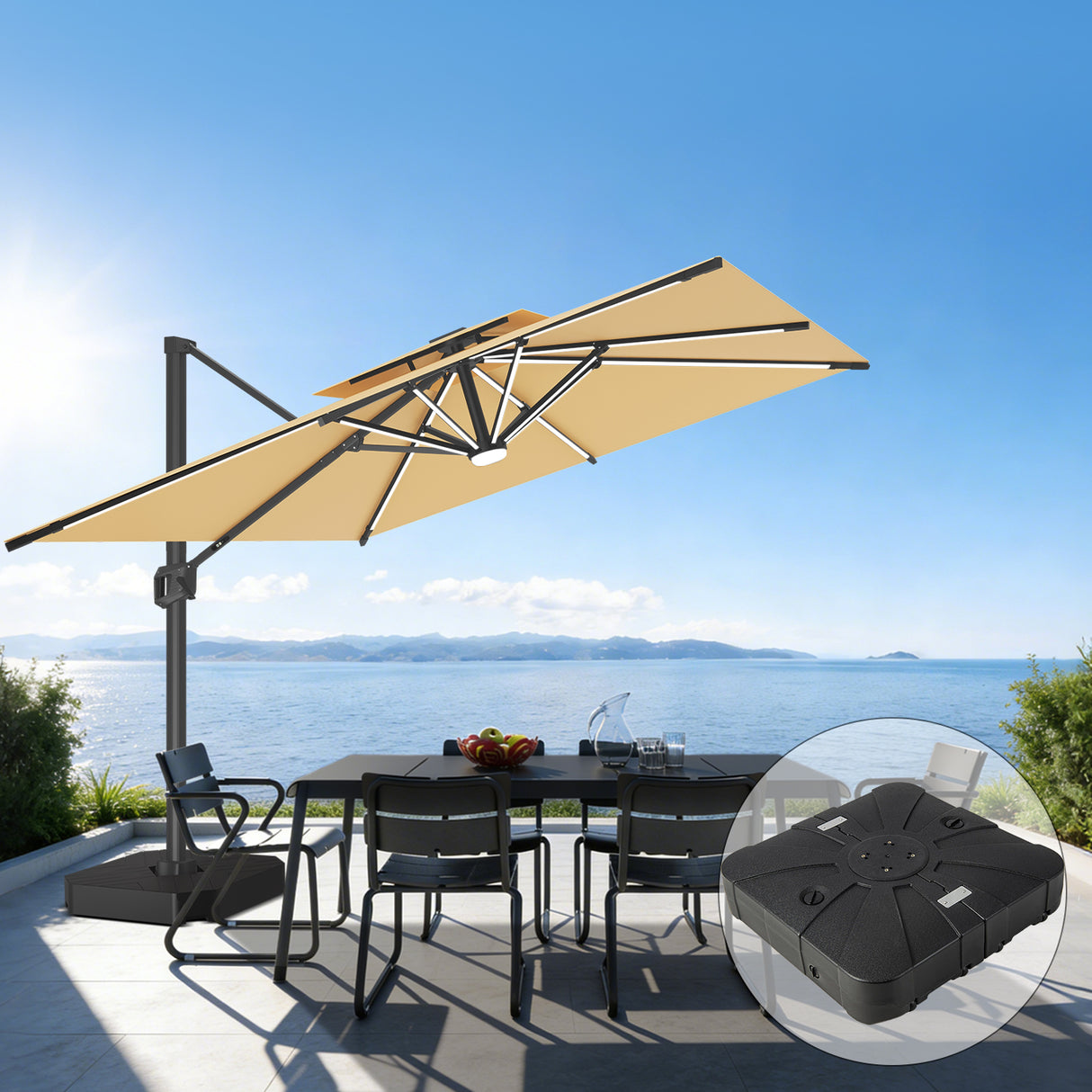 Patioslife Aegis Premium Cantilever Umbrella with Full-Rib LED Lighting, Fibreglass Ribs & Heavy-Duty Wheel Base, Powder-Coated Aluminium Pole with Protective Cover for Luxury Garden & Patio Shade