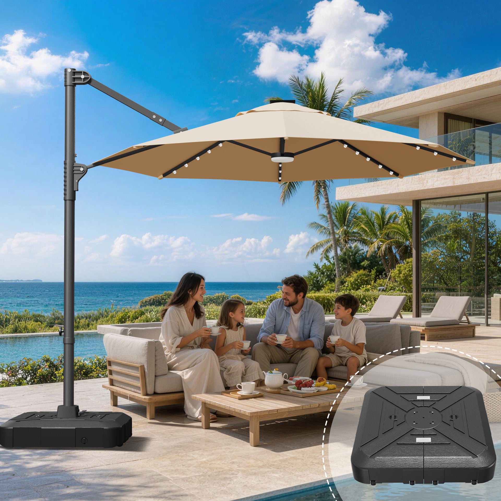 Patioslife Aegis 10ft Round Cantilever Patio Umbrella with solar LED l – US-Patioslife
