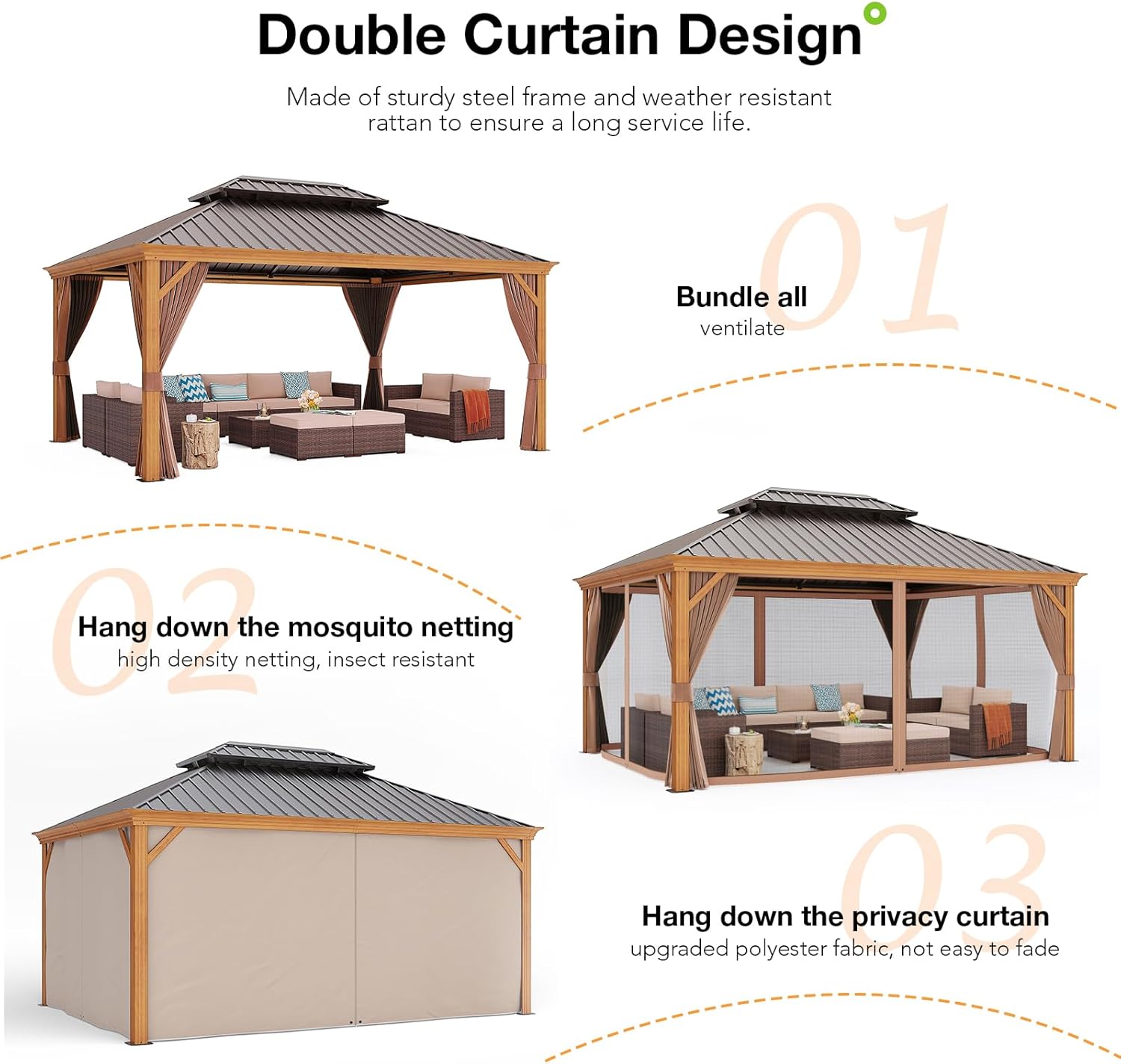 Patioslife Hardtop Gazebo with Wood Grain Aluminum Frame, Double Vented Roof & Curtains, Patio Pergola for Garden or Backyard