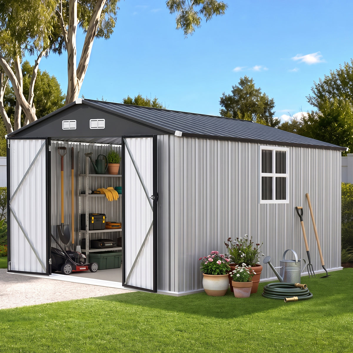 Patioslife YardVault Pro Metal Storage Shed with Window, Galvanized Steel Outdoor Tool Shed