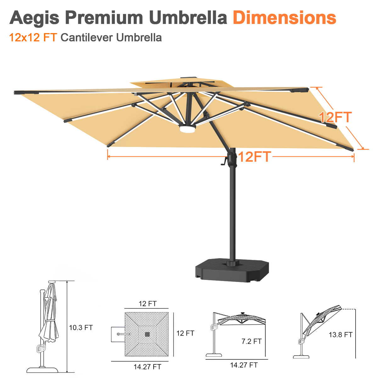 Patioslife 12x12 ft beige cantilever umbrella dimensions with LED lights for large outdoor shade