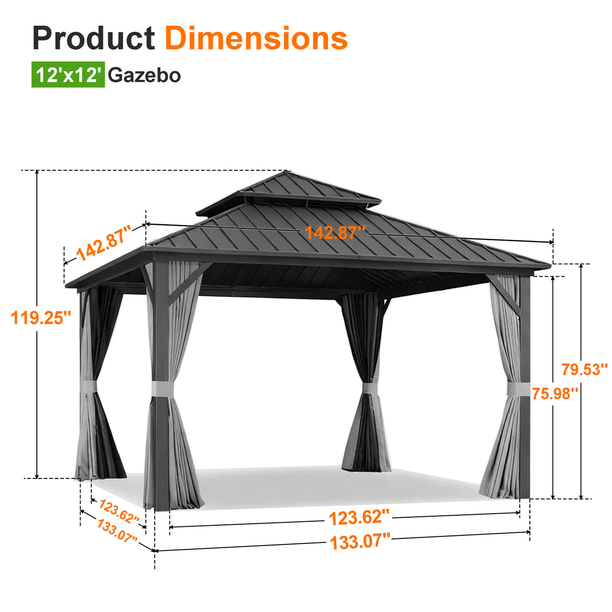 Patioslife 12x12 ft hardtop gazebo dimension chart with double roof, curtains, and backyard patio cover measurements.