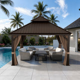 Patioslife Haven 12x12ft Espresso Brown luxury hardtop gazebo with curtains, netting, drainage gutters, and poolside outdoor lounge seating.