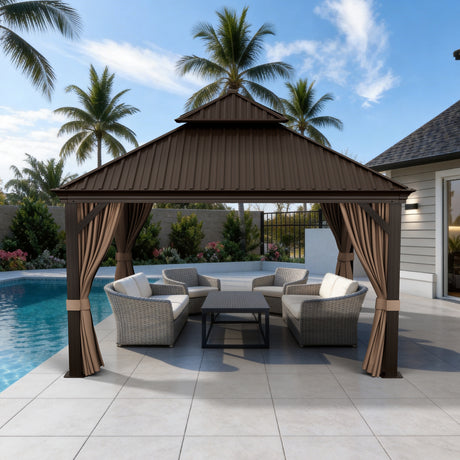 Patioslife Haven 12x12ft Espresso Brown luxury hardtop gazebo with curtains, netting, drainage gutters, and poolside outdoor lounge seating.