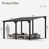 Patioslife 12x13 ft wall mounted patio pergola size chart with aluminum frame, sloped roof, and outdoor seating layout.