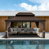Patioslife Haven 12x16 ft Espresso Brown luxury hardtop gazebo with curtains, netting, drainage gutters, and backyard sofa seating by the pool.