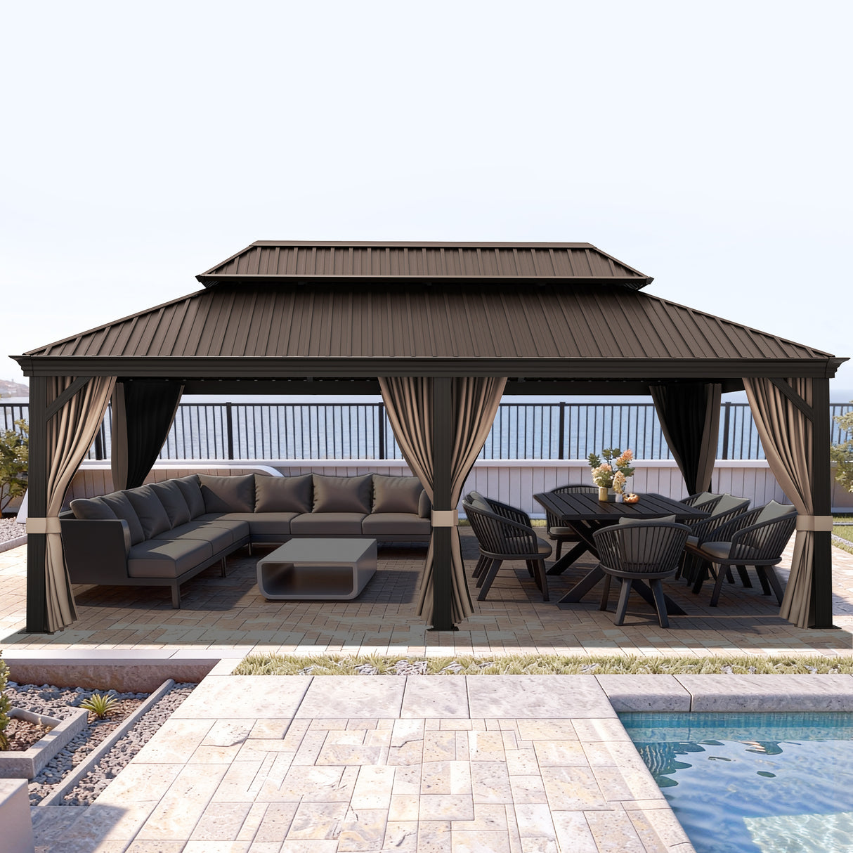 Patioslife Haven 12x20 ft Espresso Brown hardtop gazebo with curtains, netting, drainage gutters, and patio lounge dining area by the pool