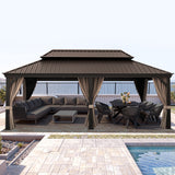 Patioslife Haven 12x20 ft Espresso Brown hardtop gazebo with curtains, netting, drainage gutters, and patio lounge dining area by the pool