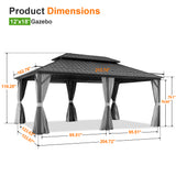 Patioslife 12x18 ft hardtop gazebo dimension chart with metal roof, curtains, and backyard patio shade measurements.