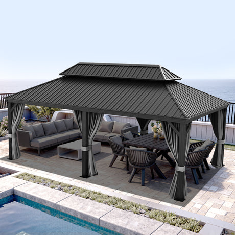Patioslife Haven 12x18 ft Graphite Grey luxury hardtop gazebo with reinforced aluminum posts, curtains, netting, and poolside lounge furniture.