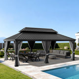 Patioslife Haven 12x20 ft Graphite Grey hardtop gazebo with built-in drainage gutters, curtains, netting, and poolside outdoor dining space.