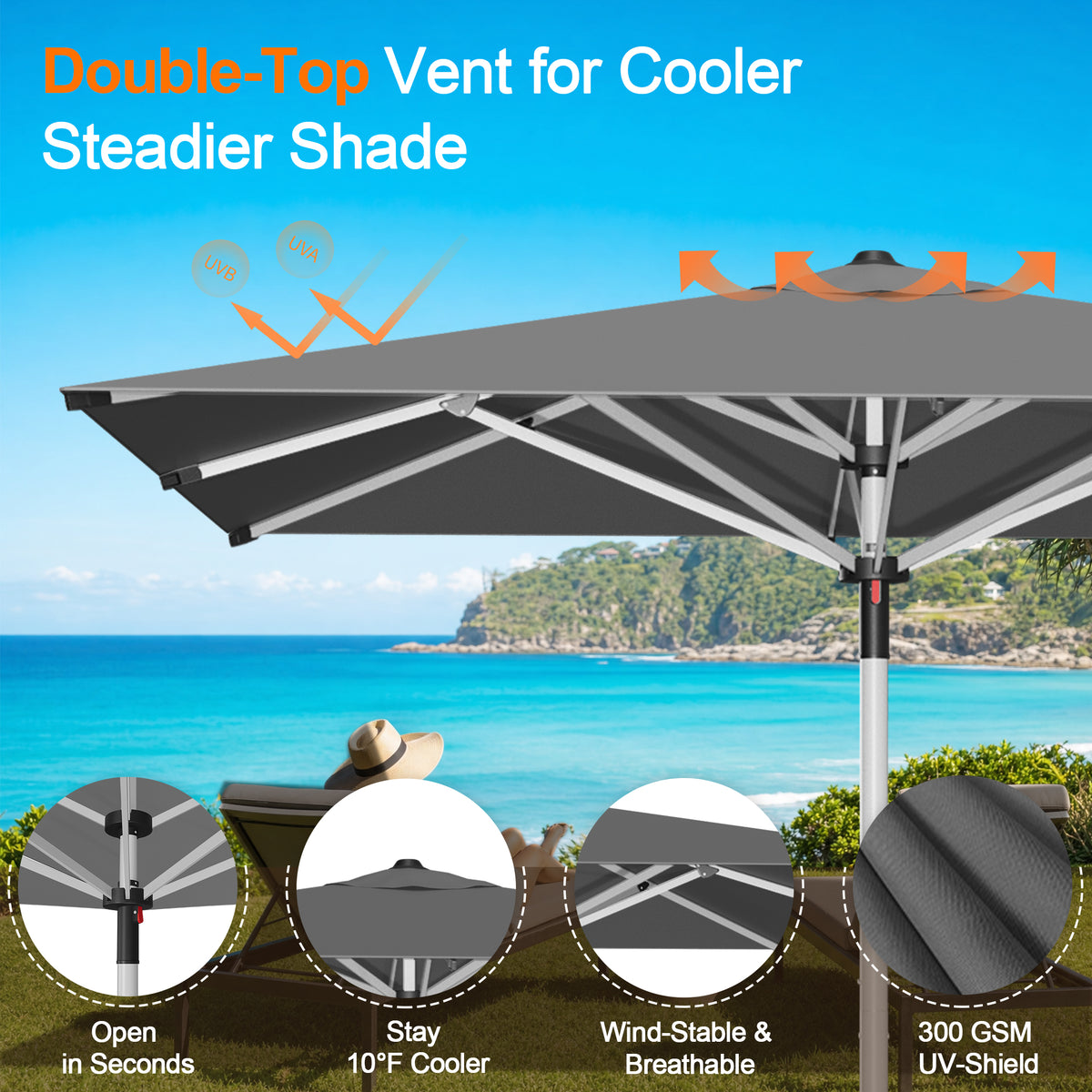 Patioslife 9ft, 10ft & 11ft Patio Umbrella – Round & Square Heavy Duty Aluminum Outdoor Market Umbrella with Double Vented Canopy