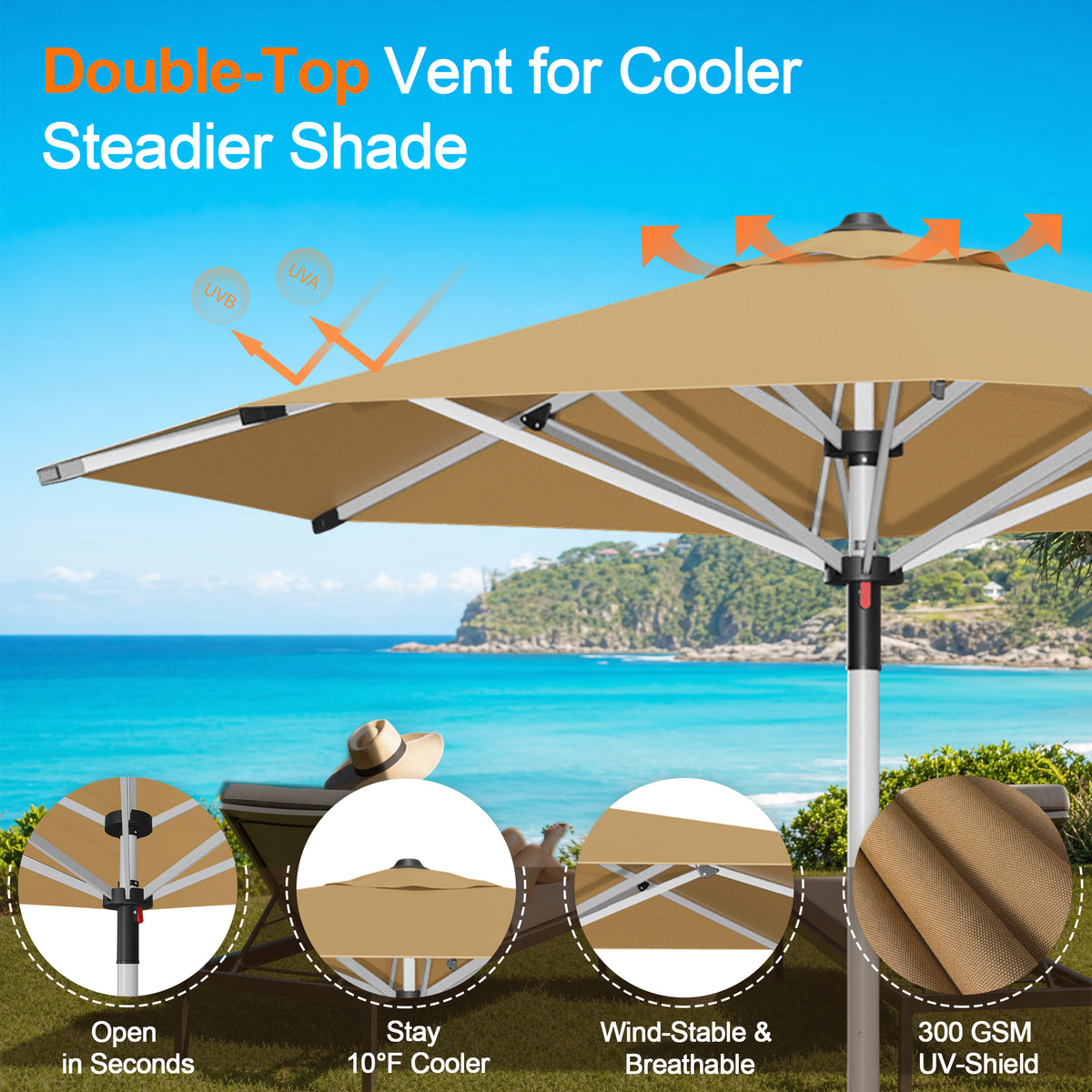 Patioslife 9ft, 10ft & 11ft Patio Umbrella – Round & Square Heavy Duty Aluminum Outdoor Market Umbrella with Double Vented Canopy
