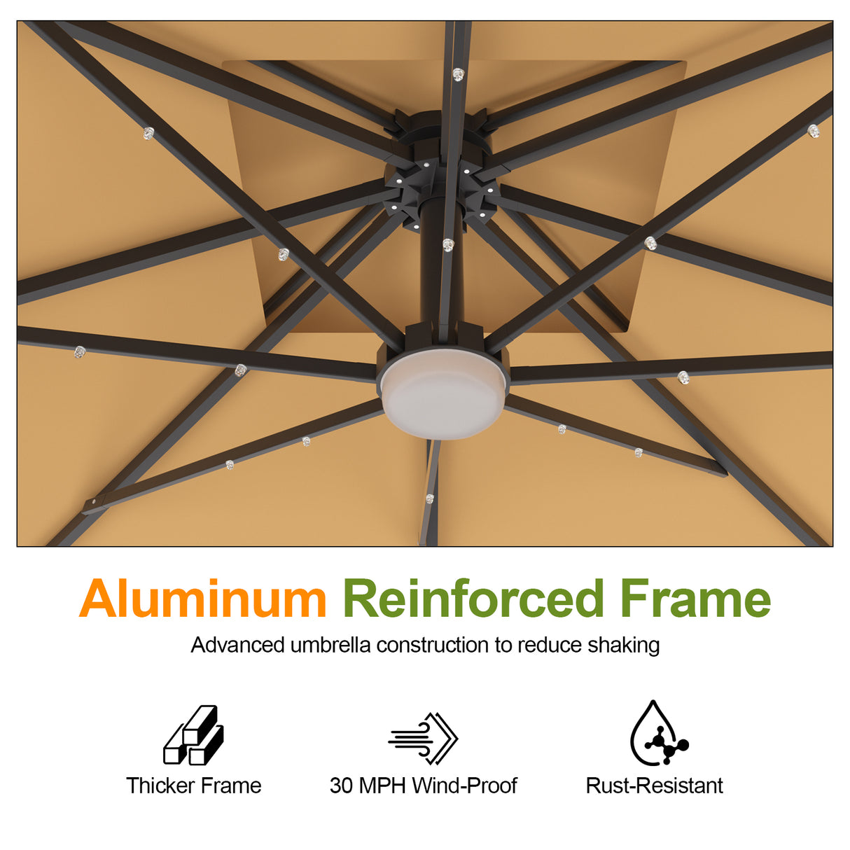 Patioslife Aegis Pro™ Cantilever Umbrella with LED Lights, Fibreglass Ribs & Powder-Coated Aluminium Pole — Perfect for Garden & Patio