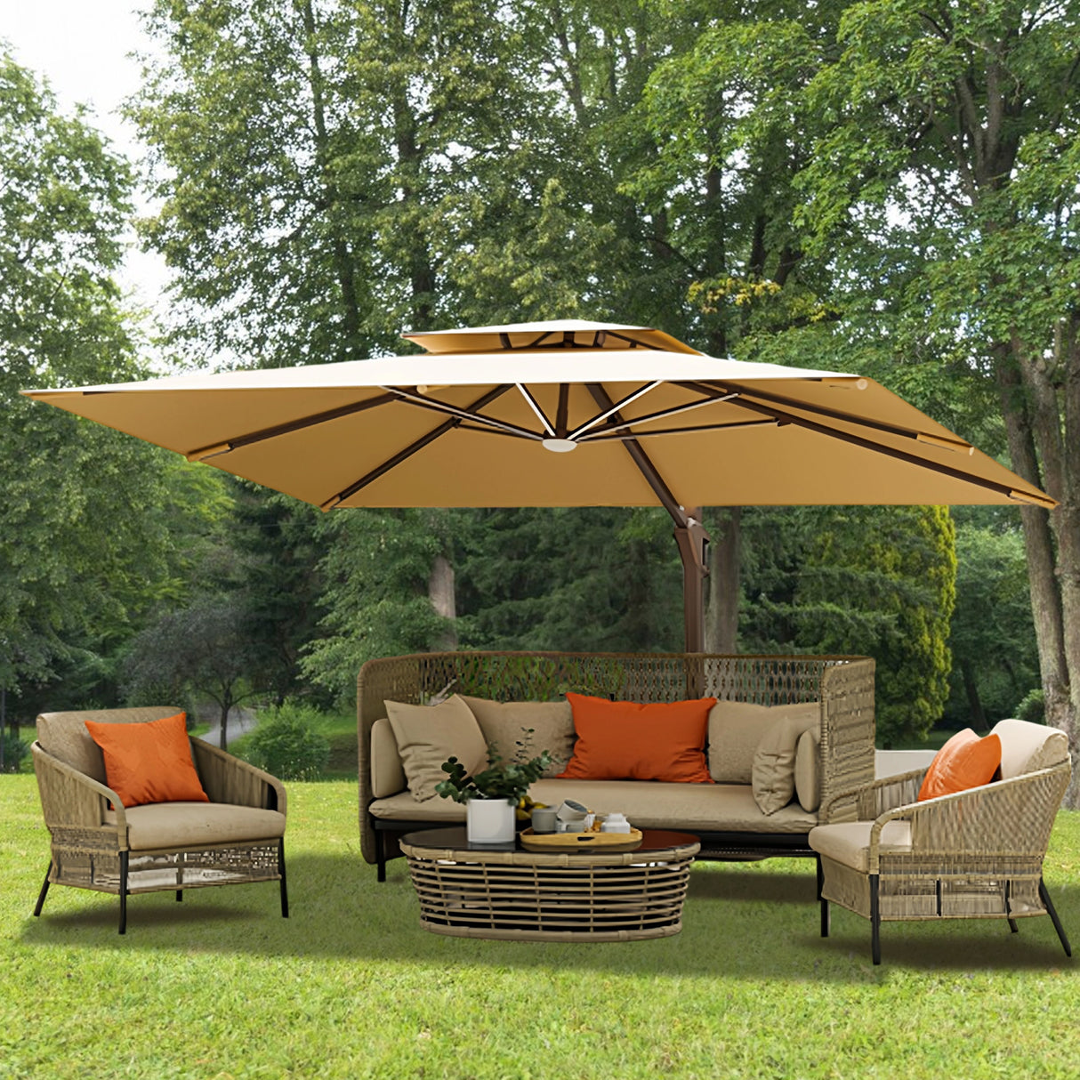 Patioslife Aegis Pro™ Premium Heavy-Duty Cantilever Umbrella with LED Strip Lights & Cover – 360° Rotation, Double-Top, Wind-Resistant for Outdoor Living