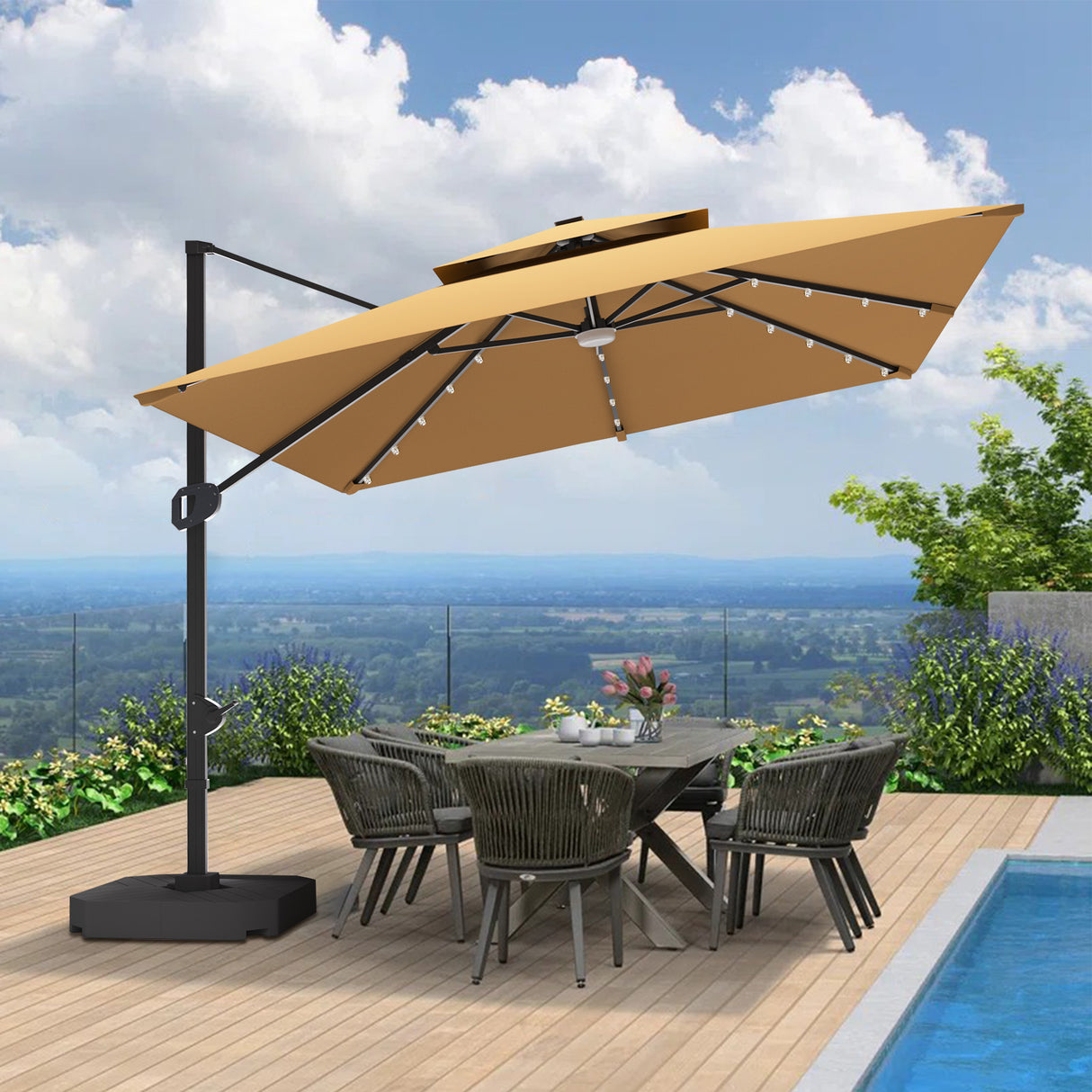 Patioslife Aegis Pro™ Cantilever Umbrella with LED Lights, Fibreglass Ribs & Powder-Coated Aluminium Pole — Perfect for Garden & Patio