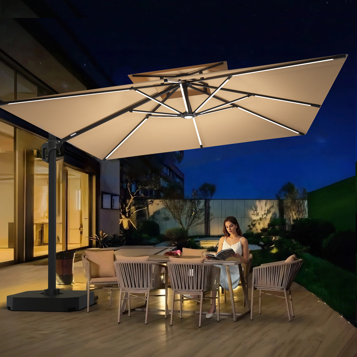 Patioslife Aegis Pro™ Premium Cantilever Umbrella with LED Strip Lights, Fibreglass Ribs & Powder-Coated Aluminium Pole — Luxury Garden & Patio Shade