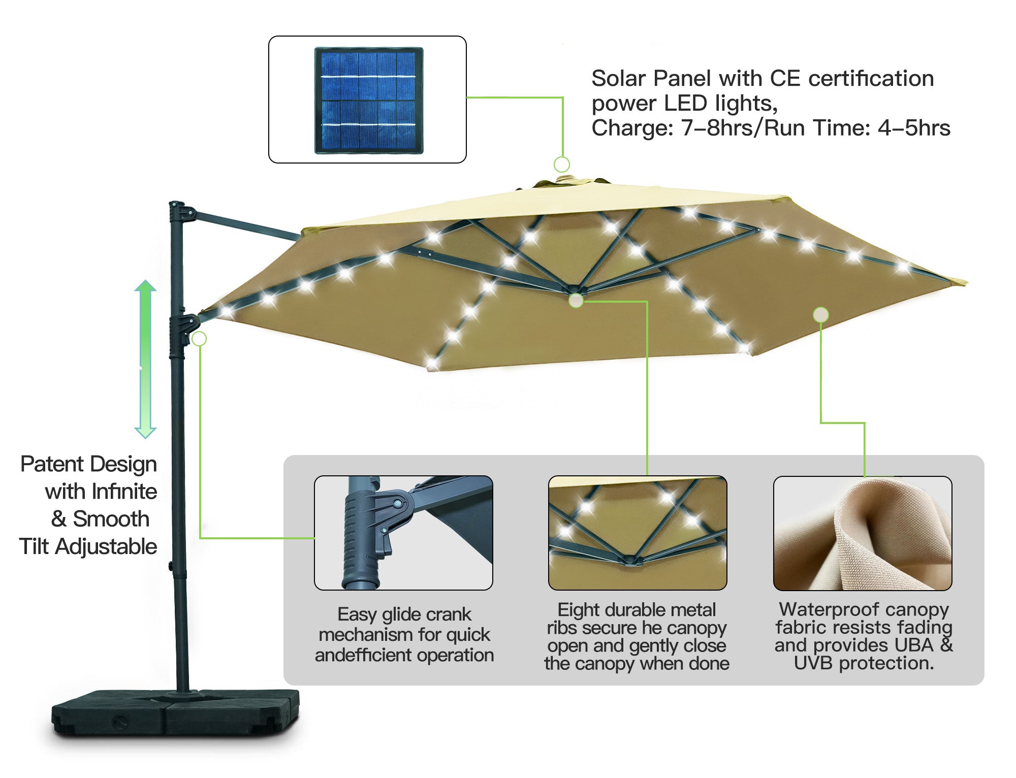 Patioslife Upgraded 10ft Cantilever Patio Umbrella with solar LED lights