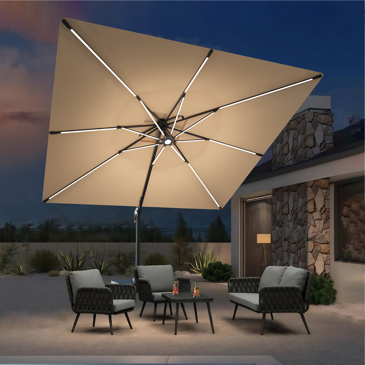 Patioslife Aegis Pro™ Premium Cantilever Umbrella with LED Strip Lights, Fibreglass Ribs & Powder-Coated Aluminium Pole — Luxury Garden & Patio Shade