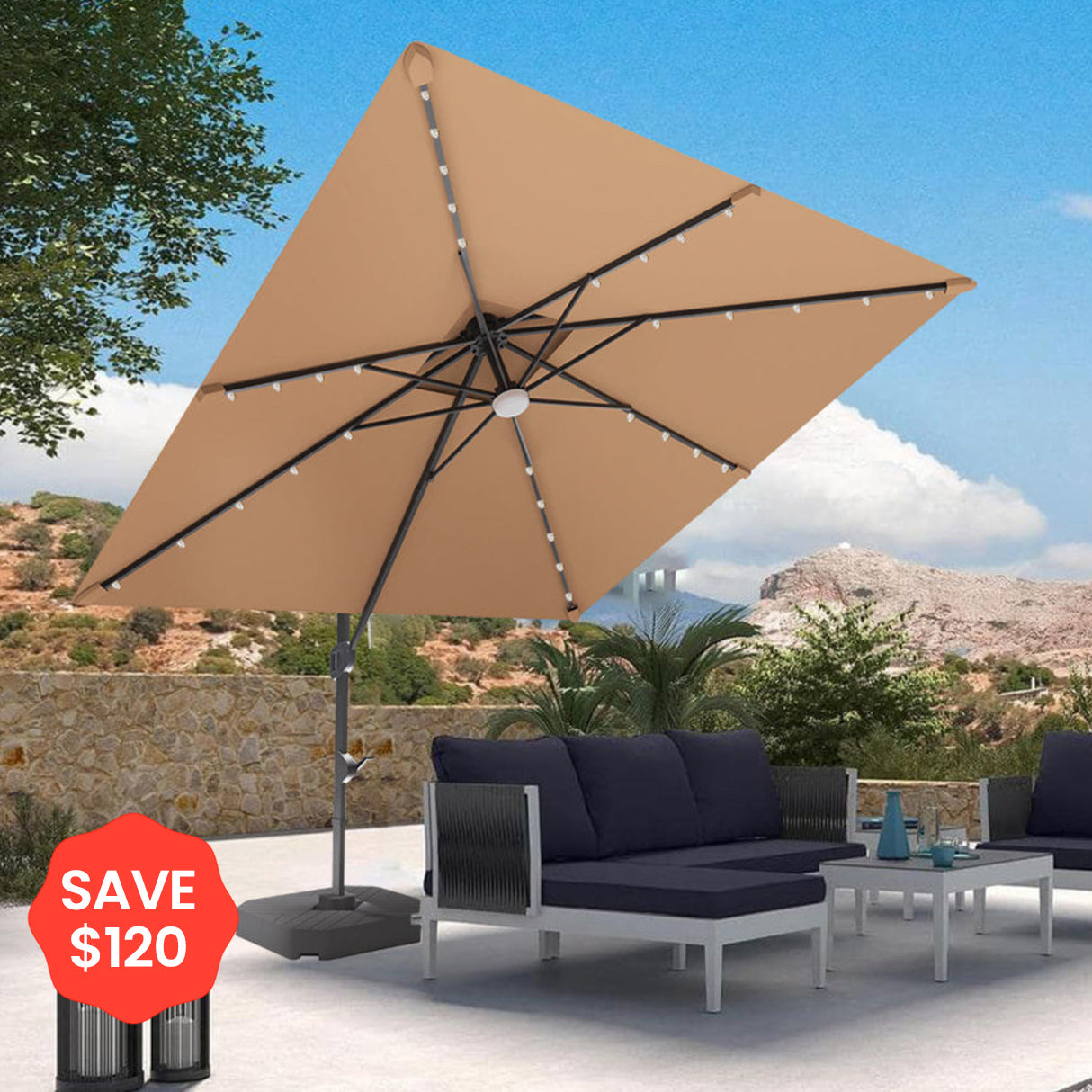 Patioslife Aegis Pro™ Cantilever Umbrella with LED Lights, Fibreglass Ribs & Powder-Coated Aluminium Pole — Perfect for Garden & Patio