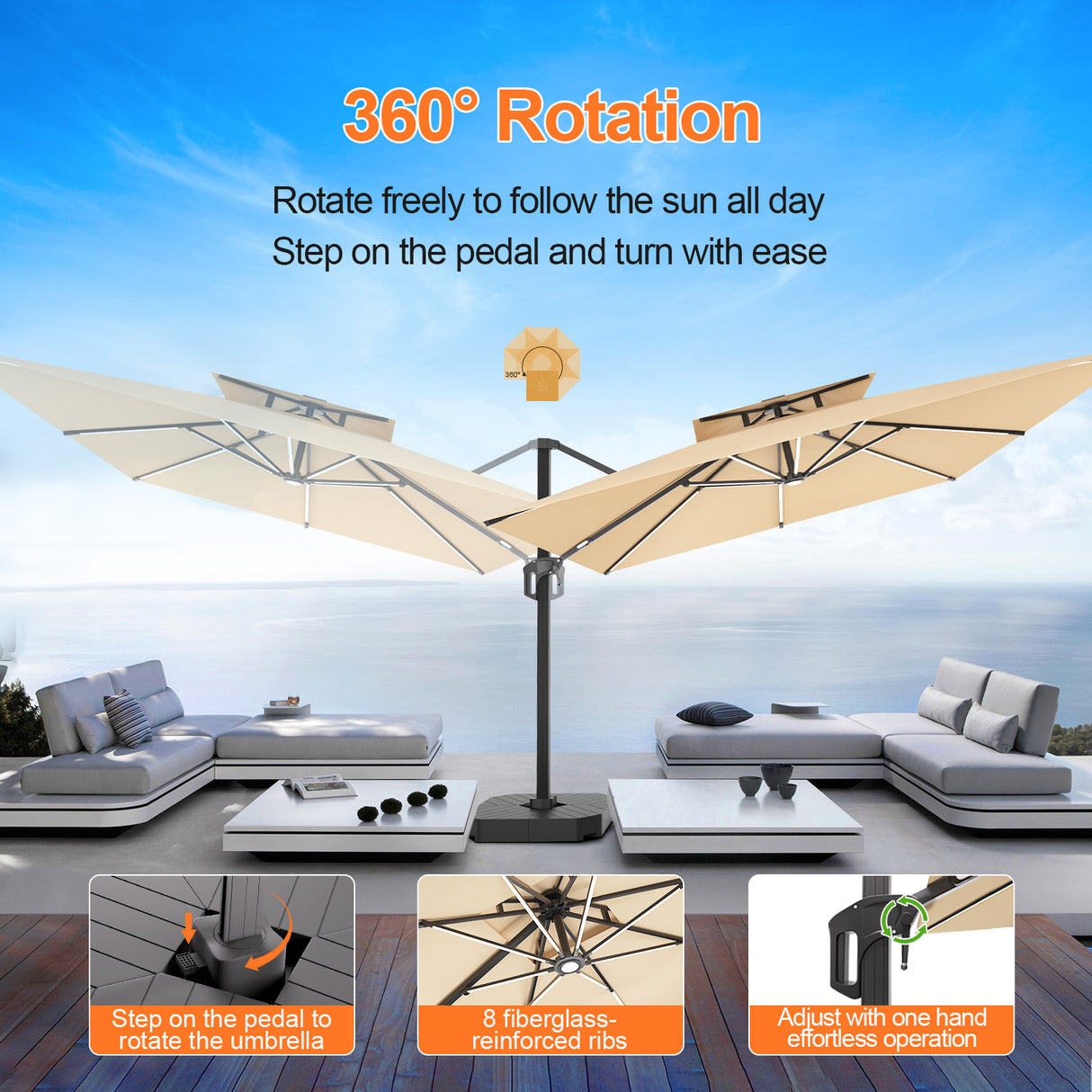 Patioslife Aegis Pro™ Premium Cantilever Umbrella with LED Strip Lights, Fibreglass Ribs & Powder-Coated Aluminium Pole — Luxury Garden & Patio Shade