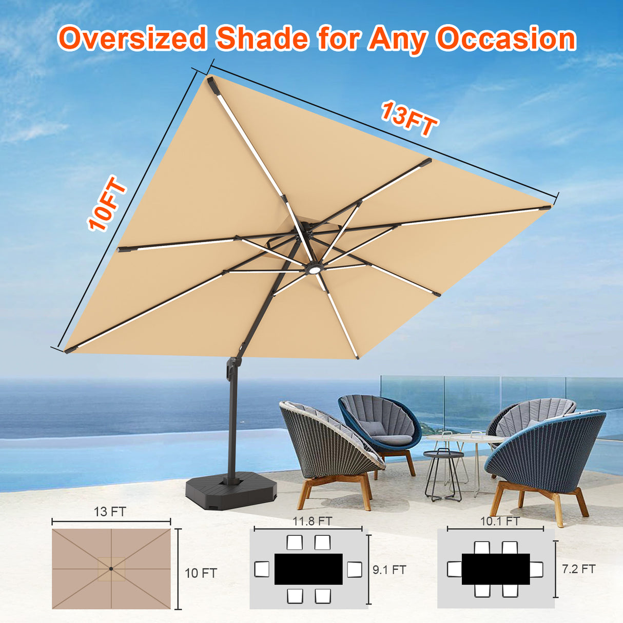 Patioslife Aegis Pro™ Premium Cantilever Umbrella with LED Strip Lights, Fibreglass Ribs & Powder-Coated Aluminium Pole — Luxury Garden & Patio Shade