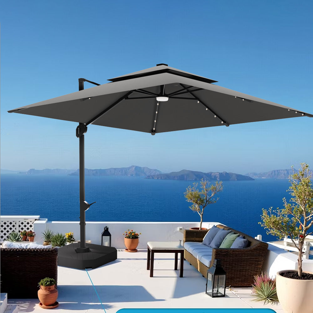 Patioslife Aegis Pro™ Cantilever Umbrella with LED Lights, Fibreglass Ribs & Powder-Coated Aluminium Pole — Perfect for Garden & Patio