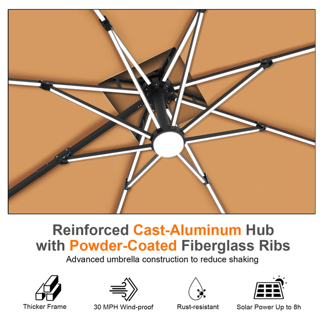 Patioslife Aegis Premium Cantilever Umbrella with Built-In LED Strip Lights and Reinforced Aluminum Ribs & Pole for Patios & Gardens