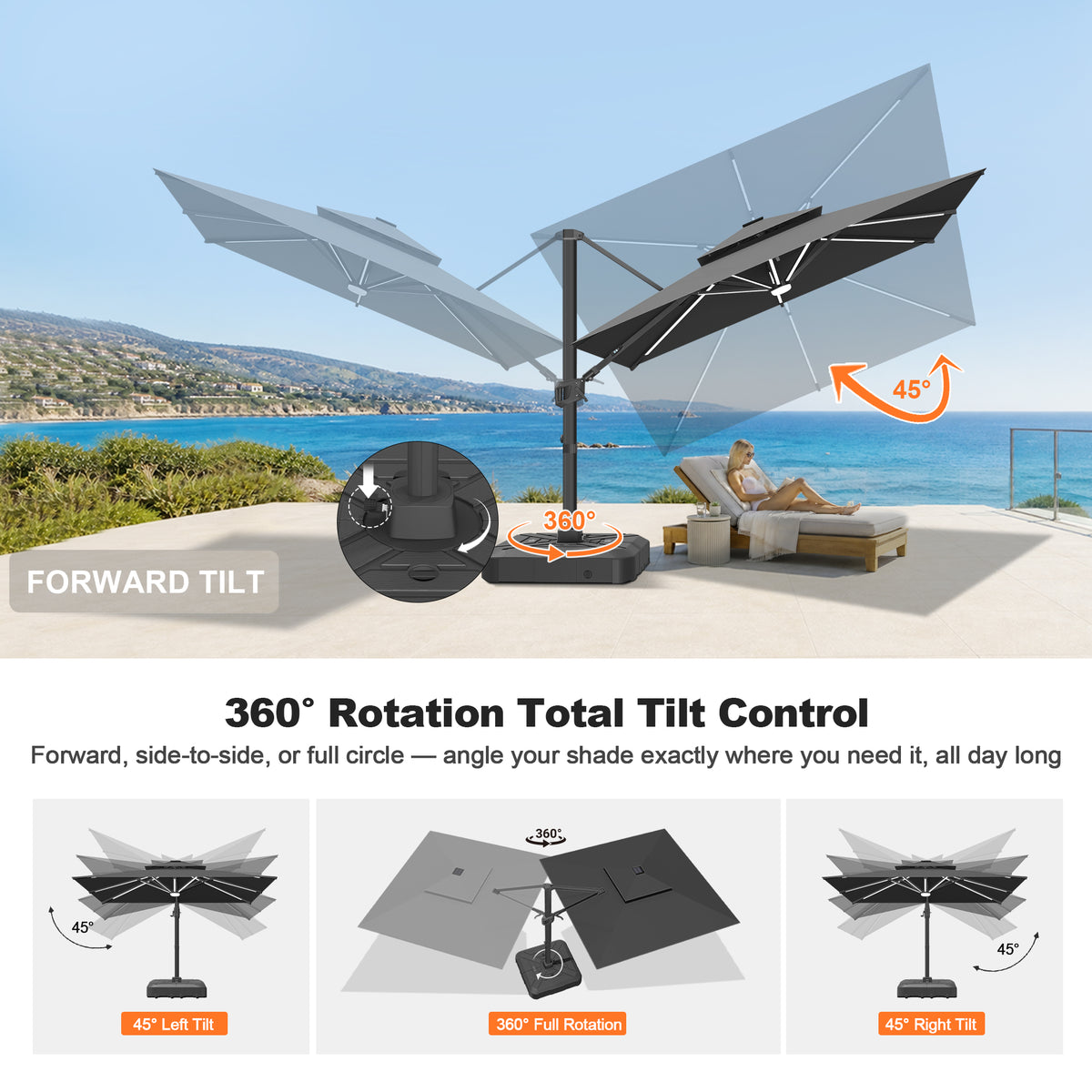 Patioslife Signature Series Rotating Cantilever Patio Umbrella with Adjustable Tilt for Garden & Poolside