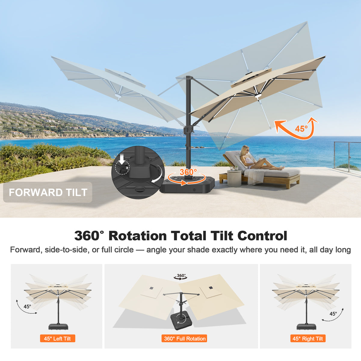 Patioslife Signature Series Rotating Cantilever Patio Umbrella with Adjustable Tilt for Garden & Poolside