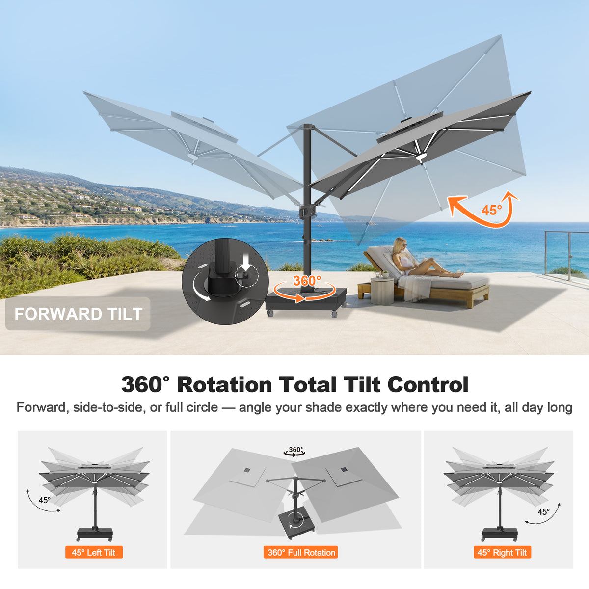 Patioslife Signature Series Rotating Cantilever Patio Umbrella with Adjustable Tilt for Garden & Poolside