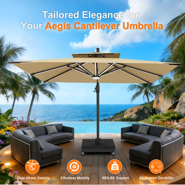 cantilever patio umbrella on wheels Outsunny Heavy-Duty 176lbs Capacity Stand with Wheels, Handles, Table Tray Ideal for large offset umbrellas in exposed areas like coastal homes or windy hilltops BLUU BANQUET 12ft Aluminum Patio