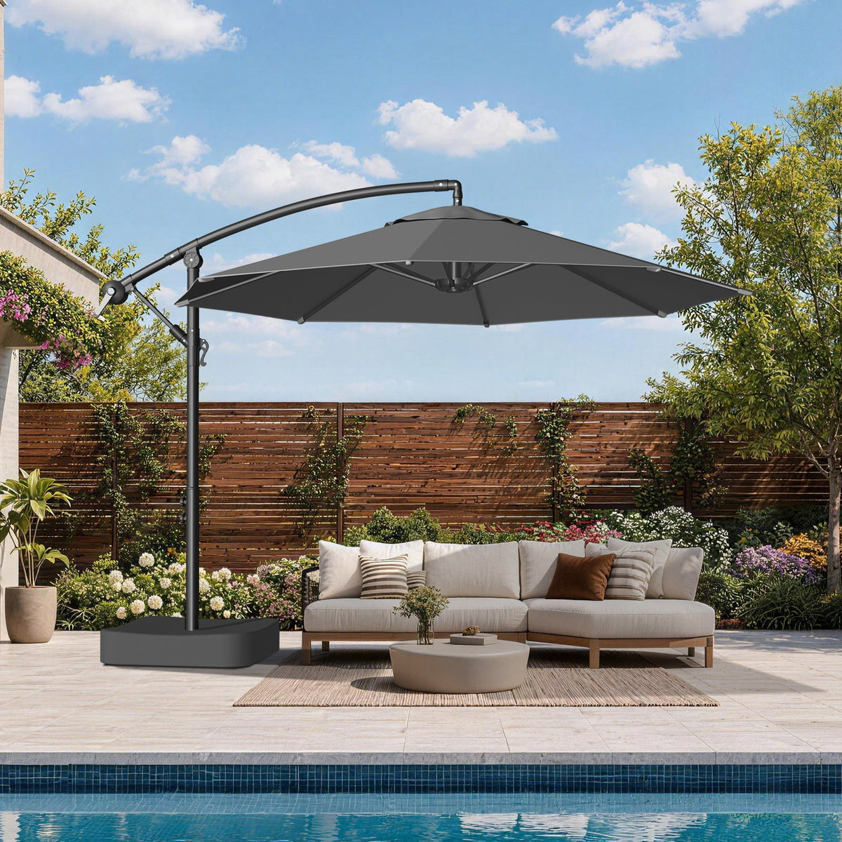 Patioslife 10ft Cantilever Patio Umbrella with Base – Heavy Duty Offset Outdoor Umbrella for Patio, Backyard, Deck & Poolside