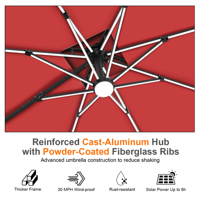 Patioslife Aegis Premium Cantilever Umbrella with Built-In LED Strip Lights and Reinforced Aluminum Ribs & Pole for Patios & Gardens